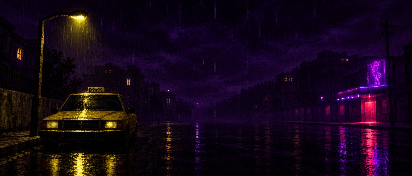 Night Fare - a taxi waiting on a neon-lit street at night